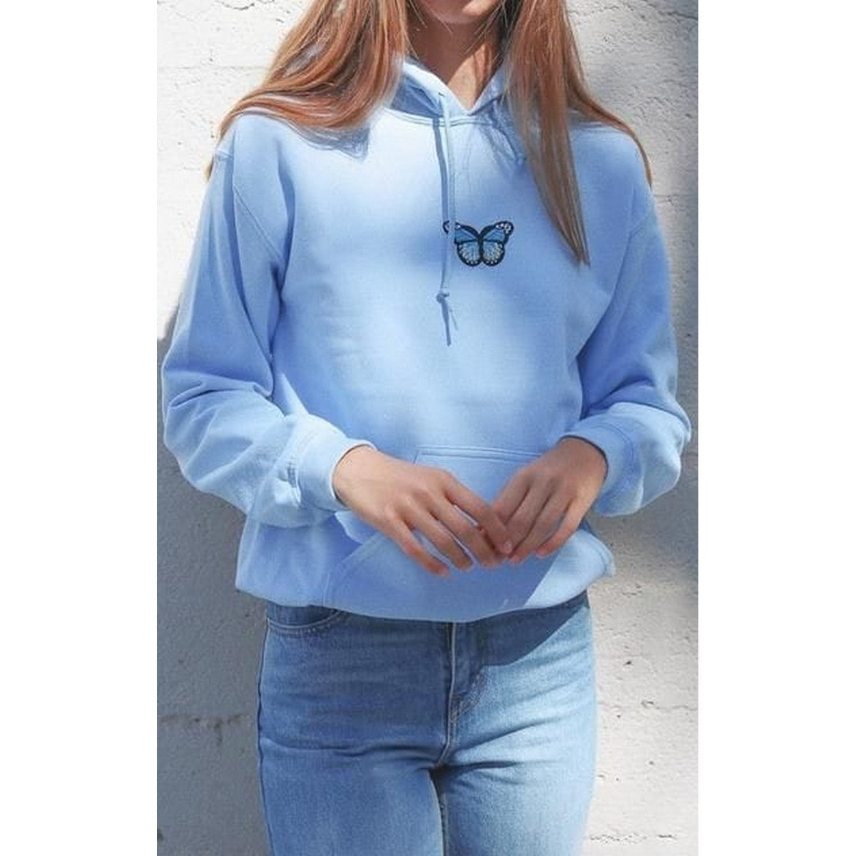 Sky Blue Butterfly Fleece Full Sleeves Pull Over Hoodie For Women