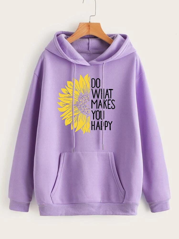 Do WHat Makes You Happy Printed Fleece Full Sleeves Pull Over Hoodie For Women