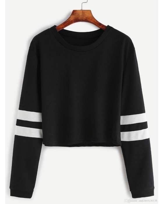 BLACK STRIP ON ARM CROPPED SWEATSHIRT FOR womens - AceCart Warm Hooded Sweatshirt in Black