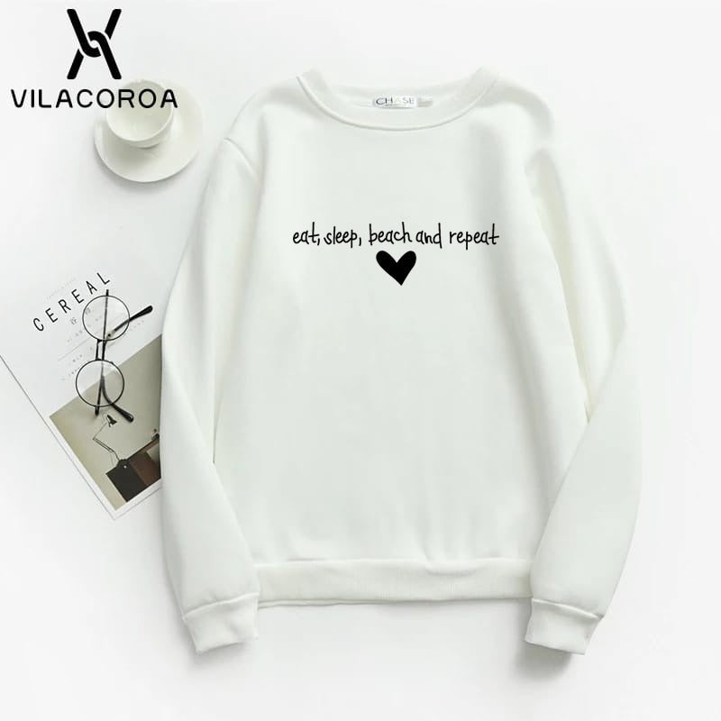 Eat Sleep Beach Repeat Printed Fleece Full Sleeves Pull Over Sweatshirt For Women