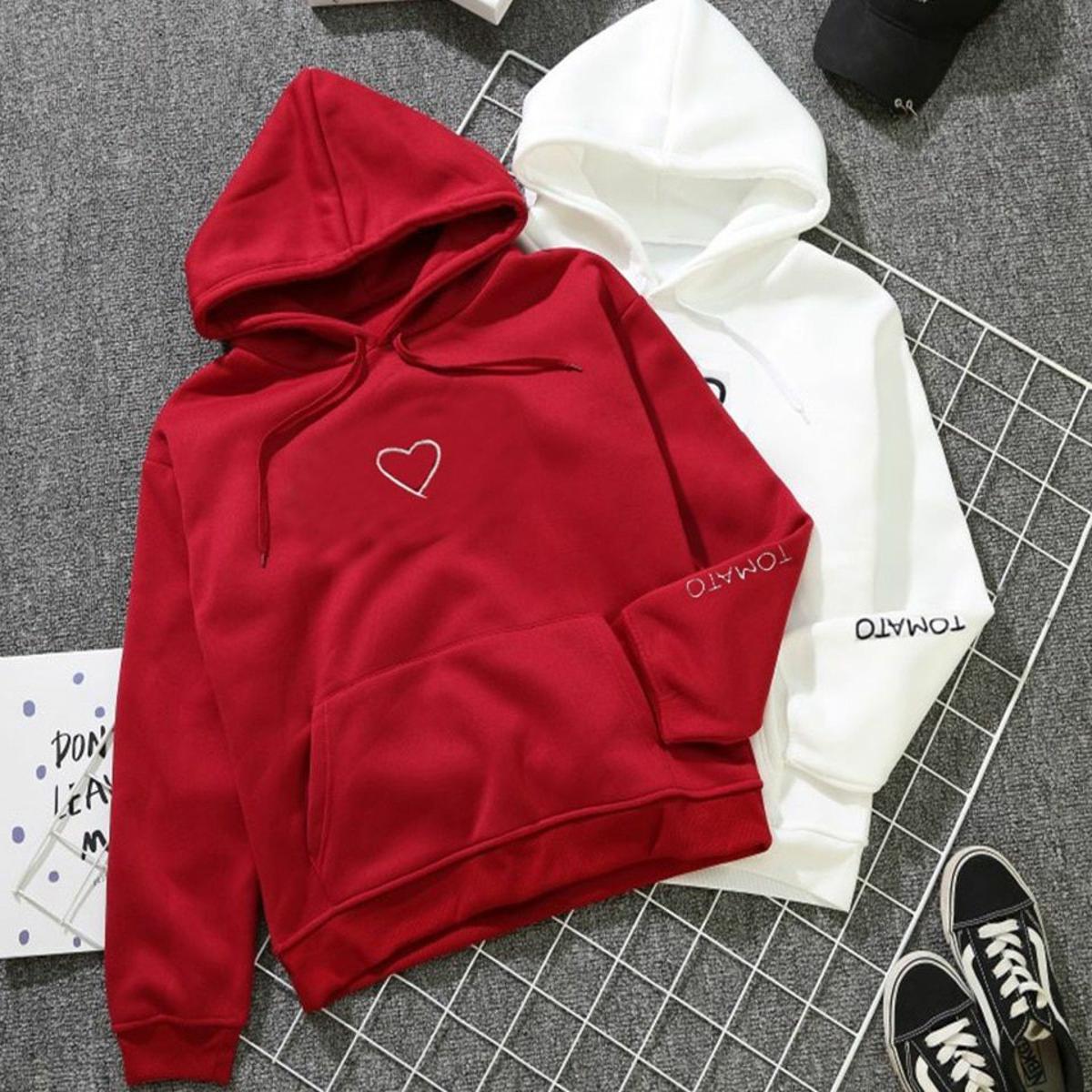 Heart Printed Fleece Full Sleeves Pull Over Hoodie For Women