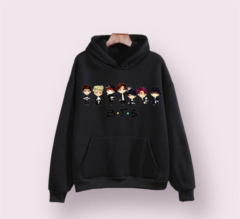 BTS Anime Fleece Full Sleeves Pull Over  Hoodie For Women