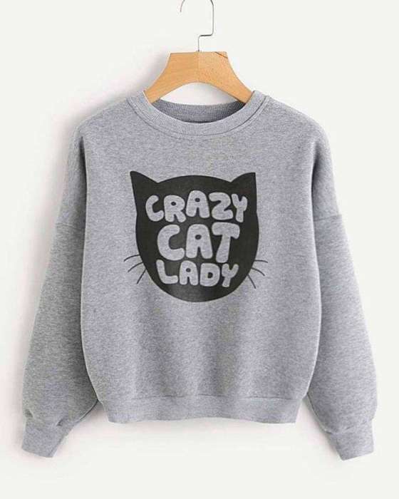 Grey Crazy Cat Lady Printed Sweat Shirt For Women - AceCart Warm Hooded Sweatshirt in Grey