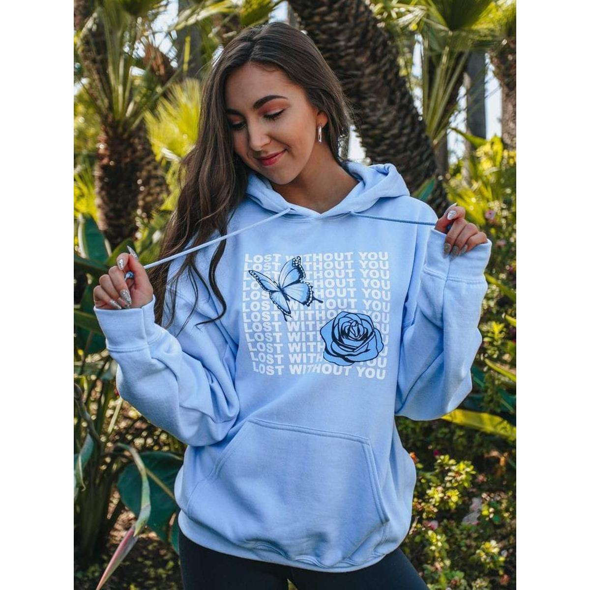 Blue Lost Without You Fleece Full Sleeves Pull Over Hoodie For Women