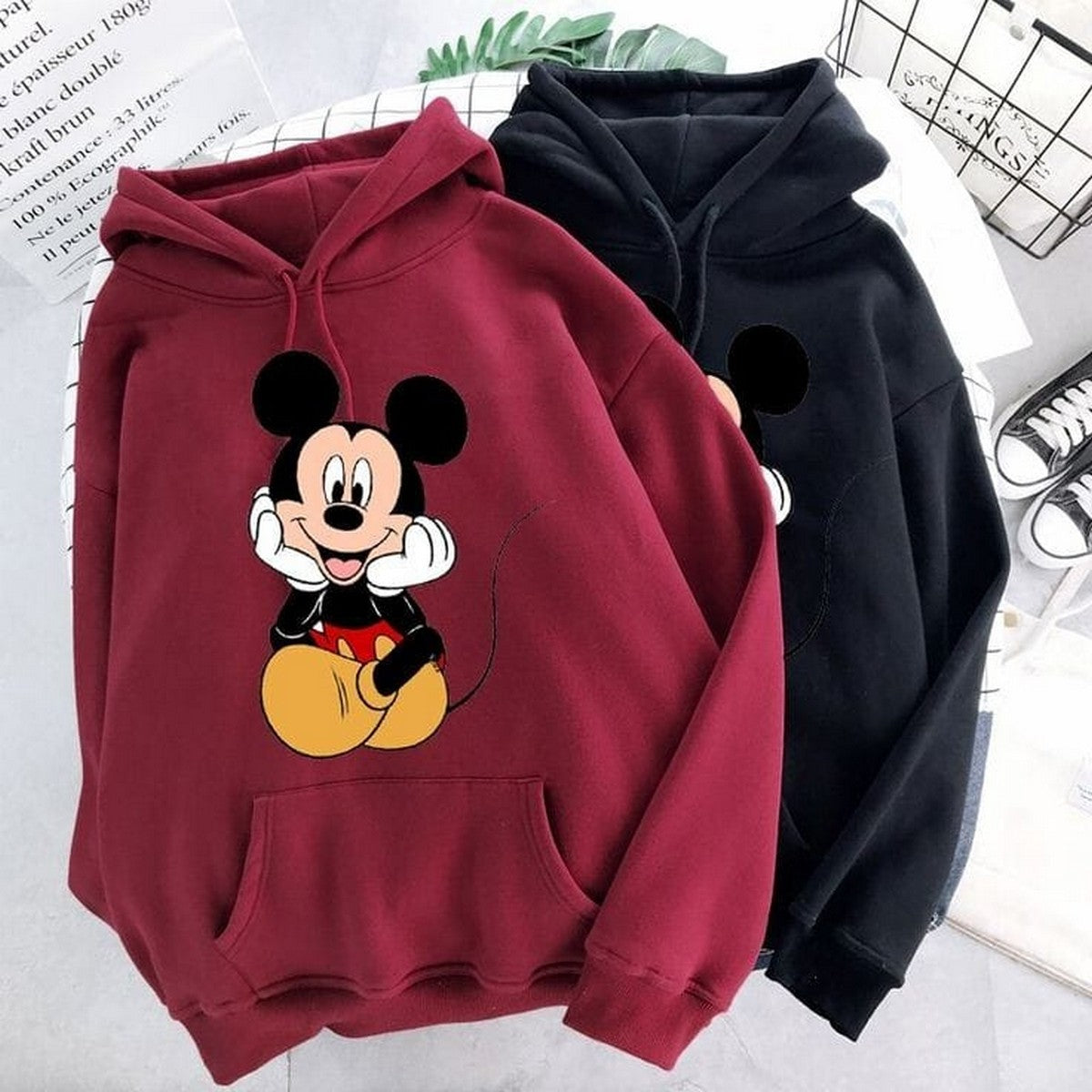 Mickey Mouse Printed Fleece Full Sleeves Pull Over Hoodie For Women