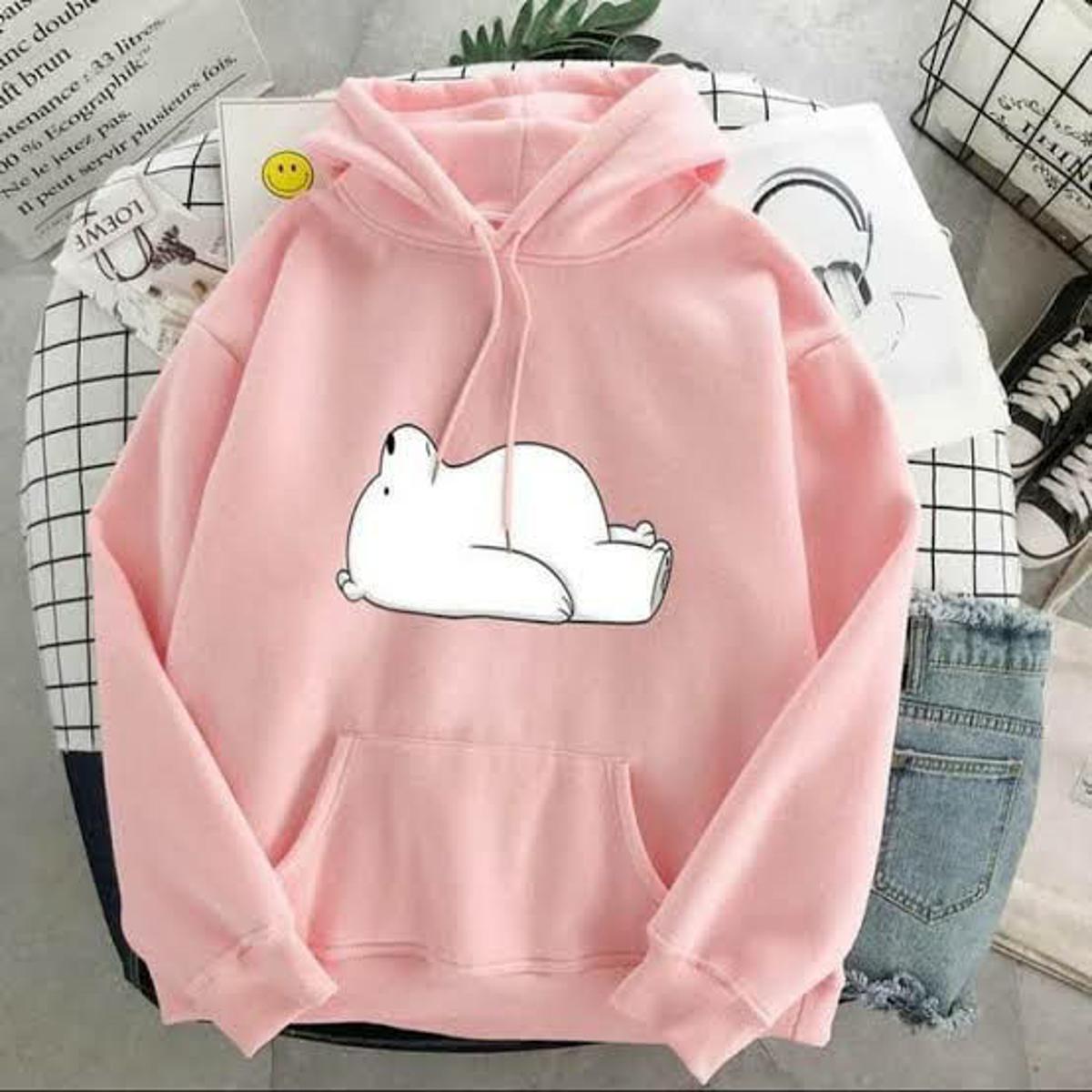 Pink Panda Bear Printed Fleece Full Sleeves Pull Over Hoodie For Women