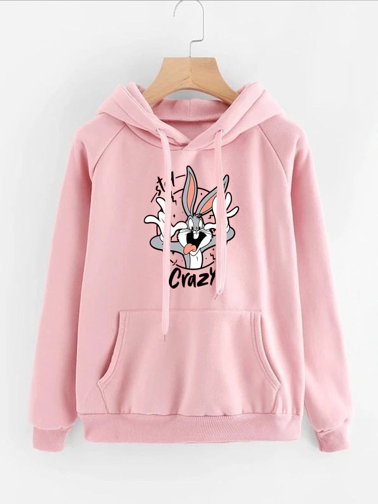 Stay Crazy Bugs Bunny Printed Fleece Full Sleeves Pull Over Hoodie For Women