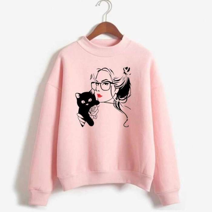 Cat Love Baby Pink Fleece Sweatshirt For Men Women - AceCart Warm Hooded Sweatshirt in Pink