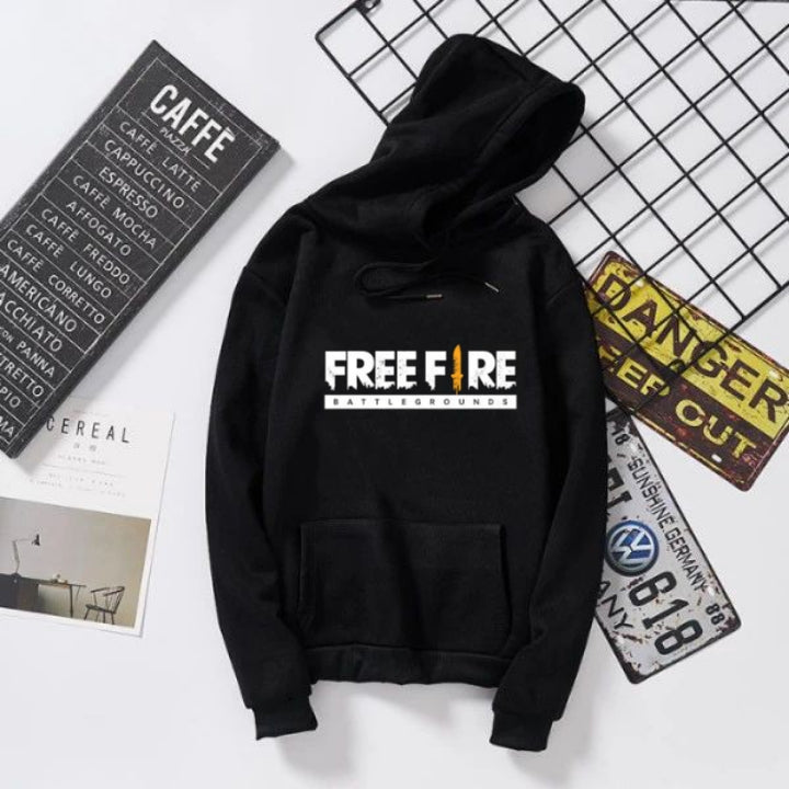 Black Freefire Printed Fleece Full Sleeves Pull Over Hoodie For Women