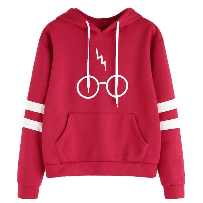 Harry Potter Double Strap Sleeve Printed Hoodie For Women - AceCart Warm Hooded Sweatshirt in Red