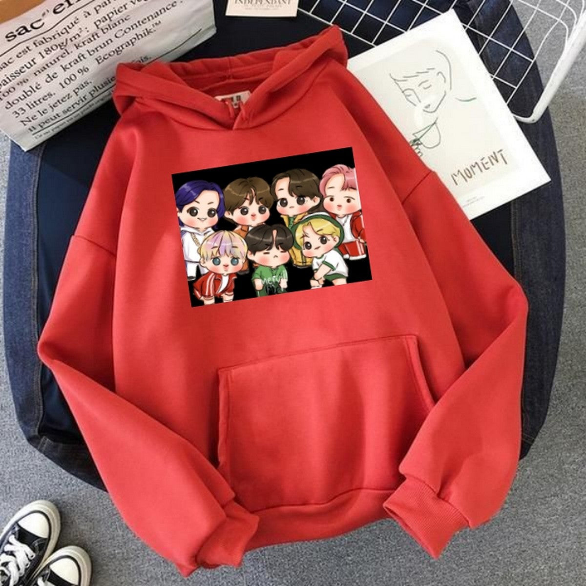 BTS Anime Fleece Full Sleeves Pull Over  Hoodie For Women