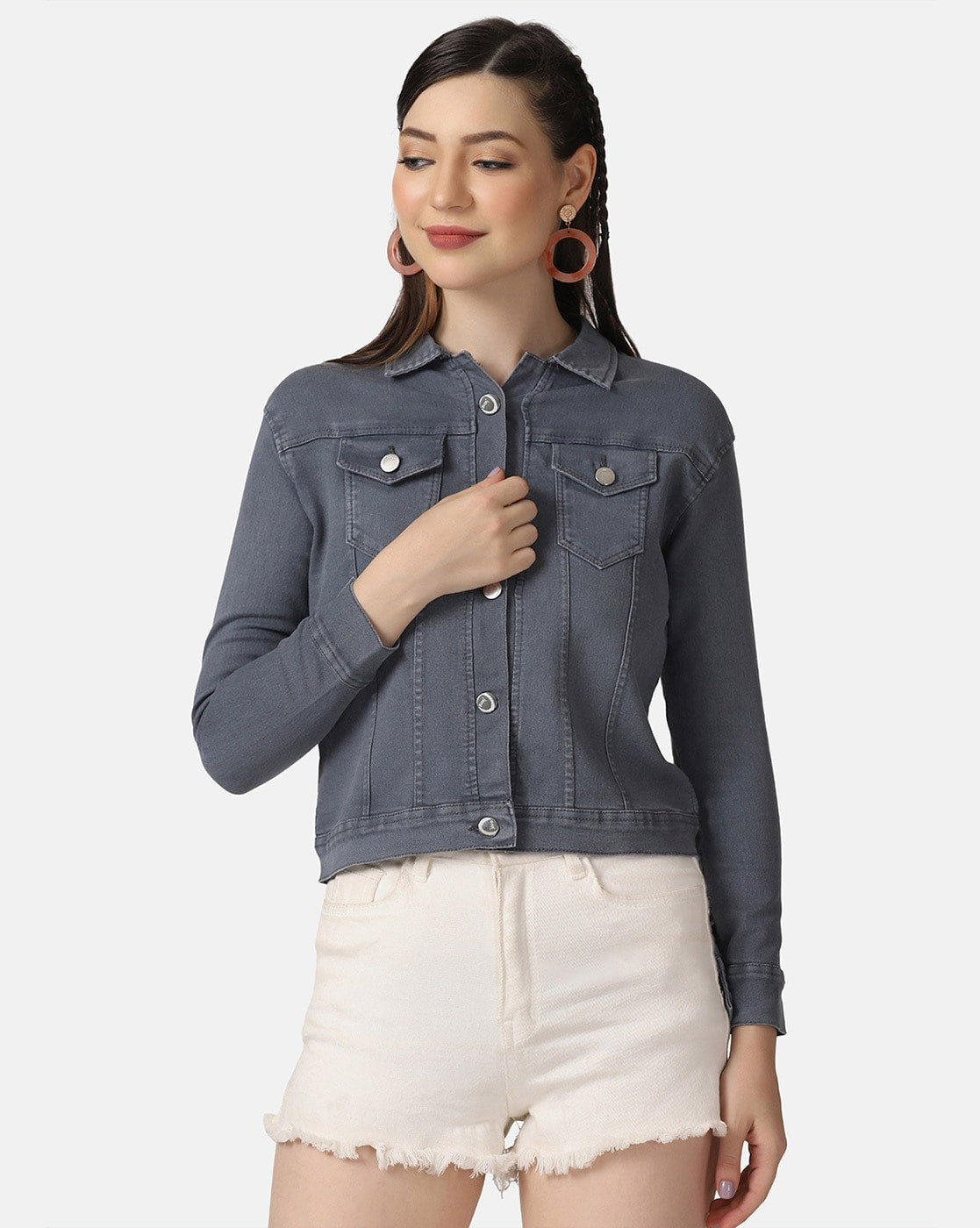 Women's Grey Denim Jacket Close Up - Ace Cart