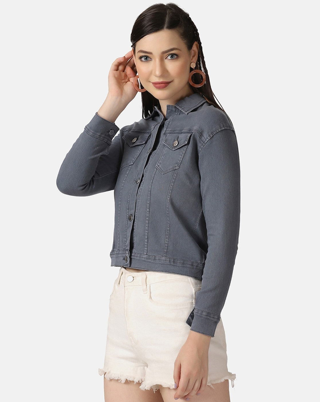 Women's Grey Denim Jacket Side View - Ace Cart