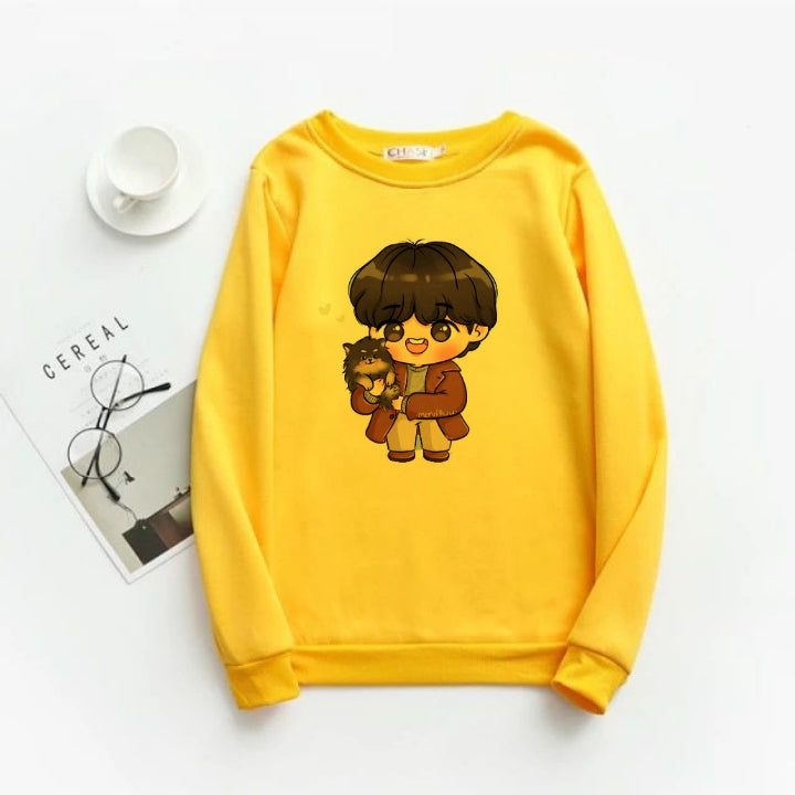 Yellow Cute Anime Cartoon Fleece Full Sleeves Sweatshirt For Women