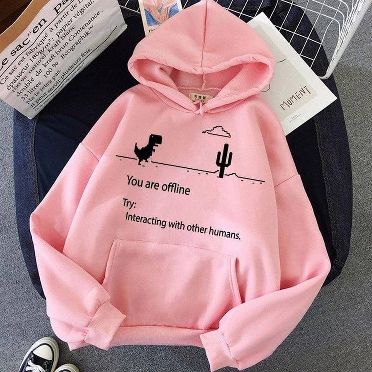 Pink You Are Offline Fleece Full Sleeves Pull Over Hoodie For Women