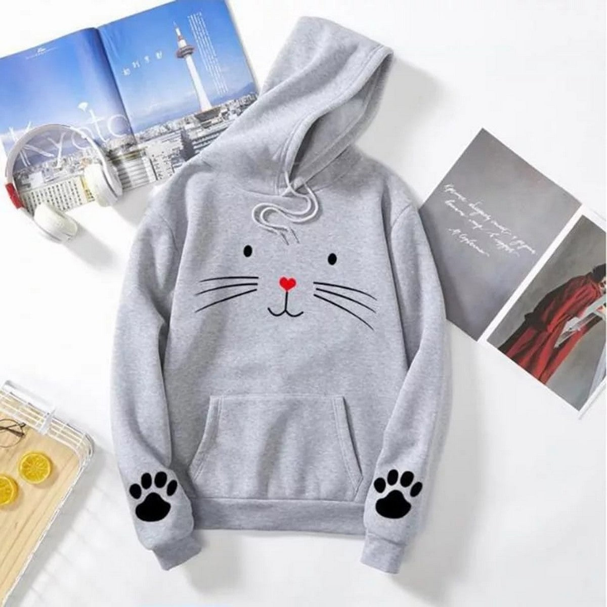 Cute Cat Pow Sleeve Print Fleece Full Sleeves Pull Over Hoodie For Women