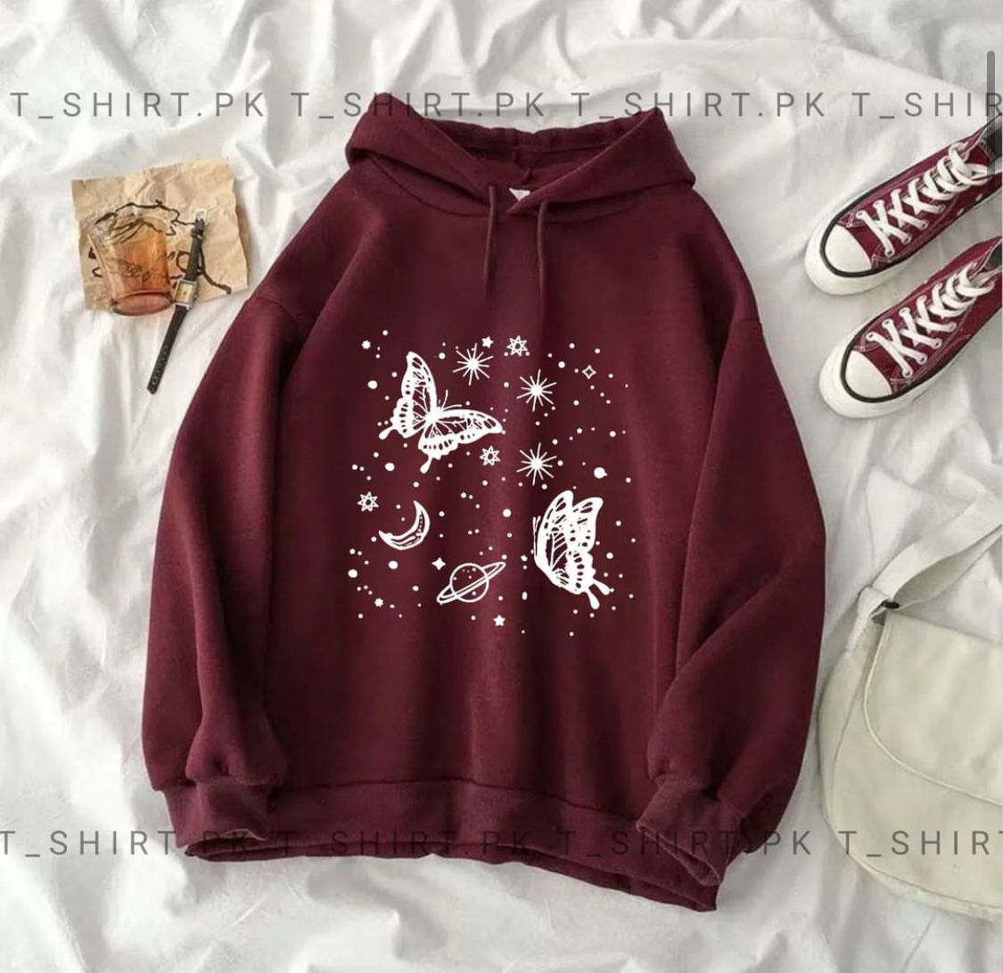 Maroon Butterfly & Stars Fleece Full Sleeves Pull Over Hoodie For Women