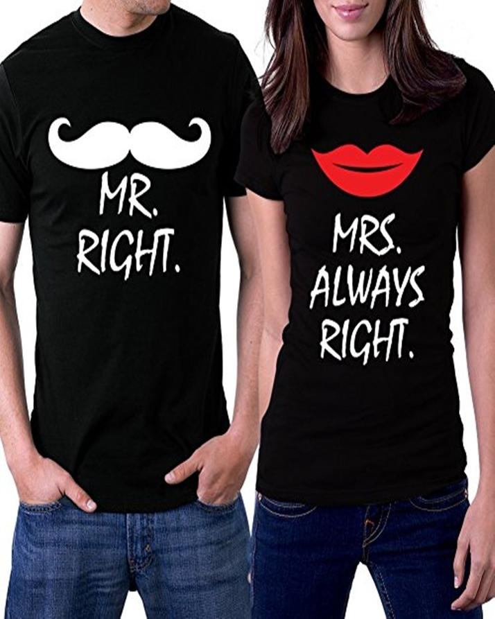 Pack of 2 - Black Cotton Printed T-Shirts for Couples - Front View - AceCart