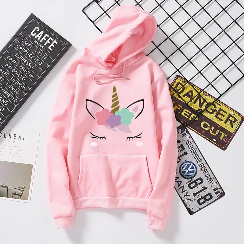 Pink Unicorn Fleece Full Sleeves Pull Over Hoodie For Women