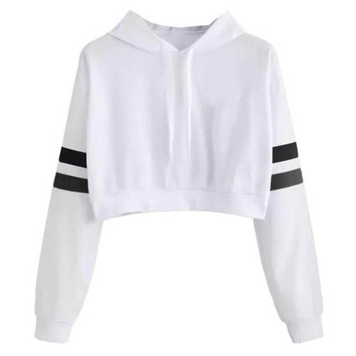 White Stripes Printed Fleece Full Sleeves Cropped Pull Over Hoodie For Women