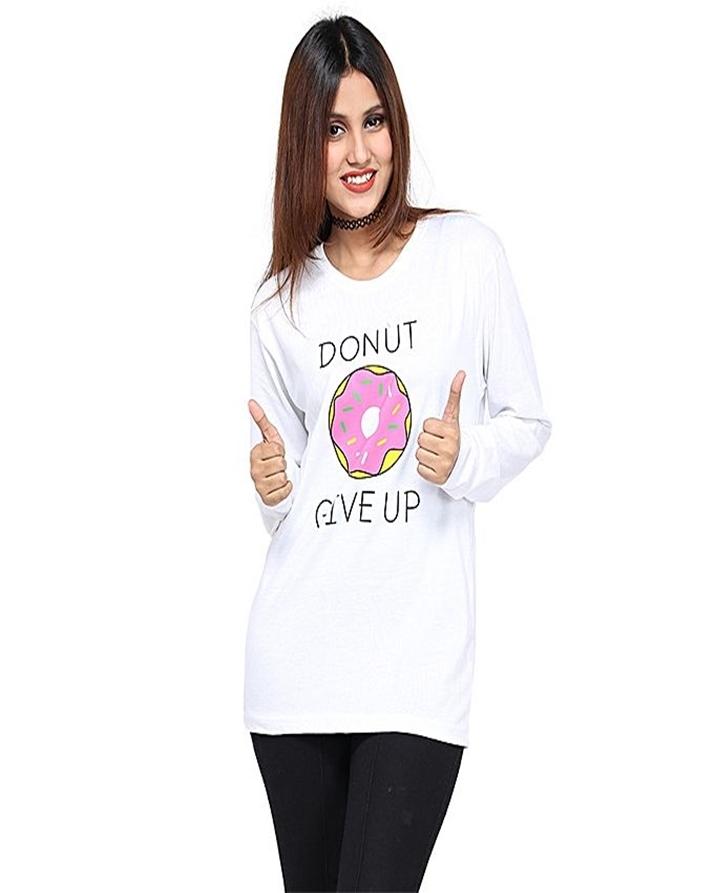 White Donut Giveup Printed T-Shirt For Her - Front View - AceCart