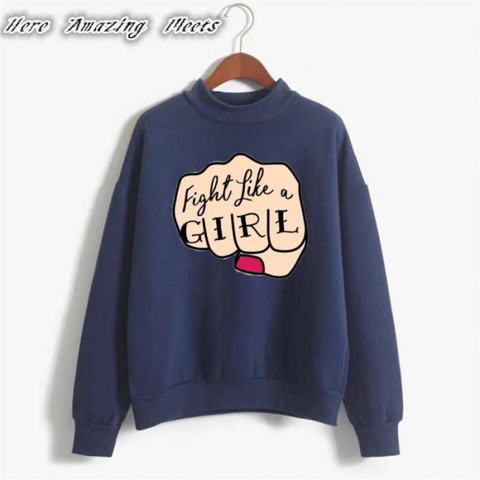 Fight Like a Printed Sweatshirt for Women Fleece fabric - AceCart Warm Hooded Sweatshirt in Blue