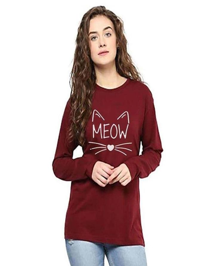 Maroon Meow Printed T-Shirt For Her - Front View - AceCart