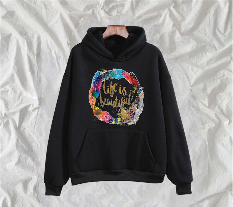 Life Is Beautiful Printed Fleece Full Sleeves Pull Over Hoodie For Women