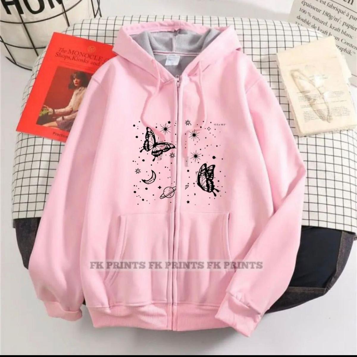 PINK BUTTERFLY & STARS PRINTED FLEECE FULL SLEEVES ZIPPER HOODIE FOR WOMEN