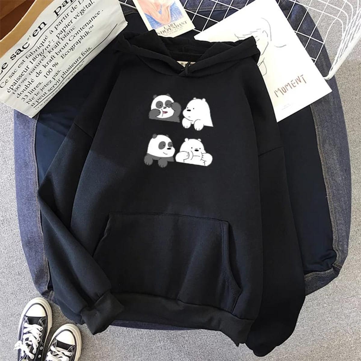 Bare Bears Printed Fleece Full Sleeves Pull Over Hoodie For Women