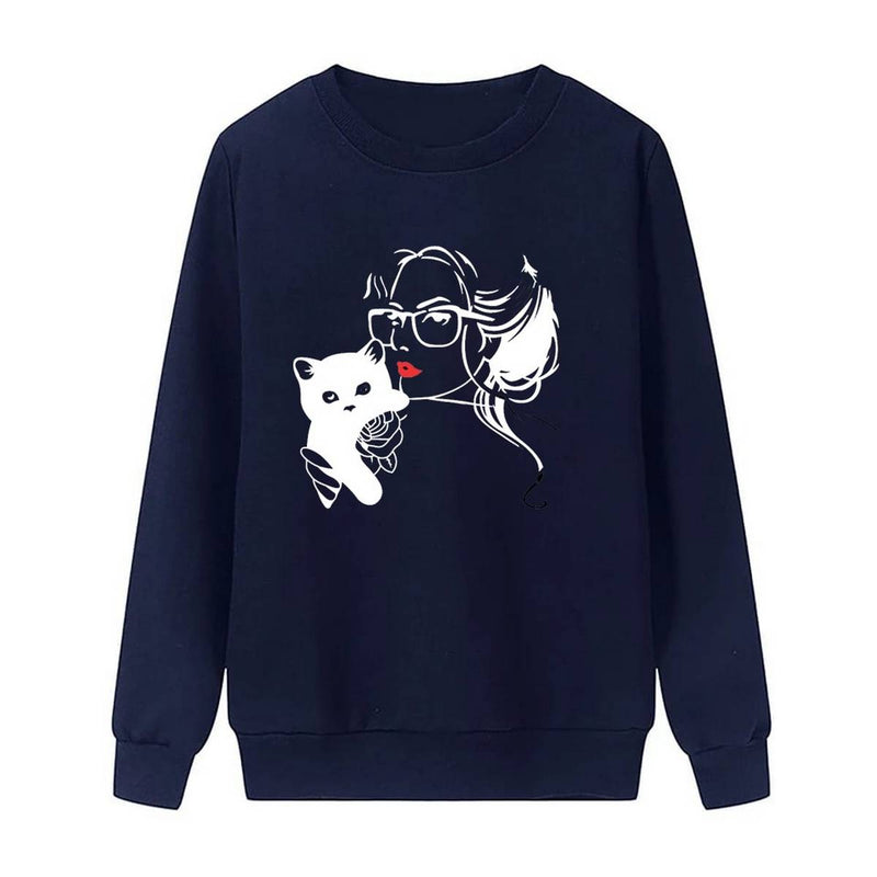 Cat Lover Printed Fleece Full Sleeves Pull Over Sweatshirt For Women