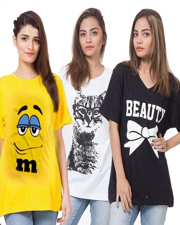 Pack of 3 - Multicolor Cotton Printed T-Shirt For Her - Front View - AceCart