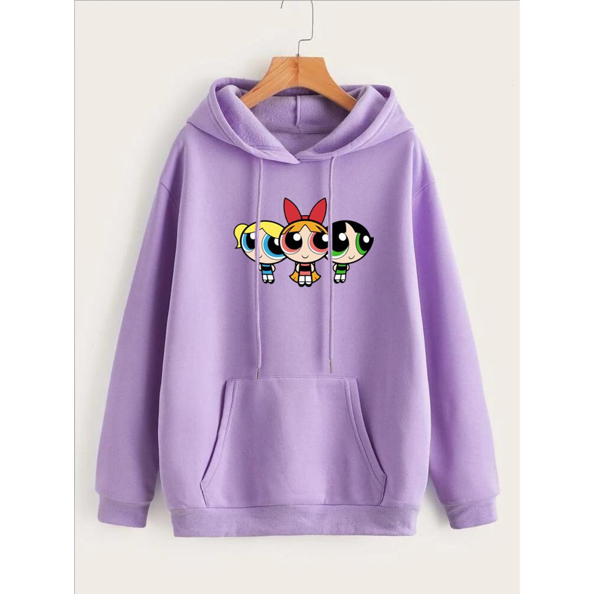 Powerpuff Girls Printed Fleece Full Sleeves Pull Over Hoodie For Women