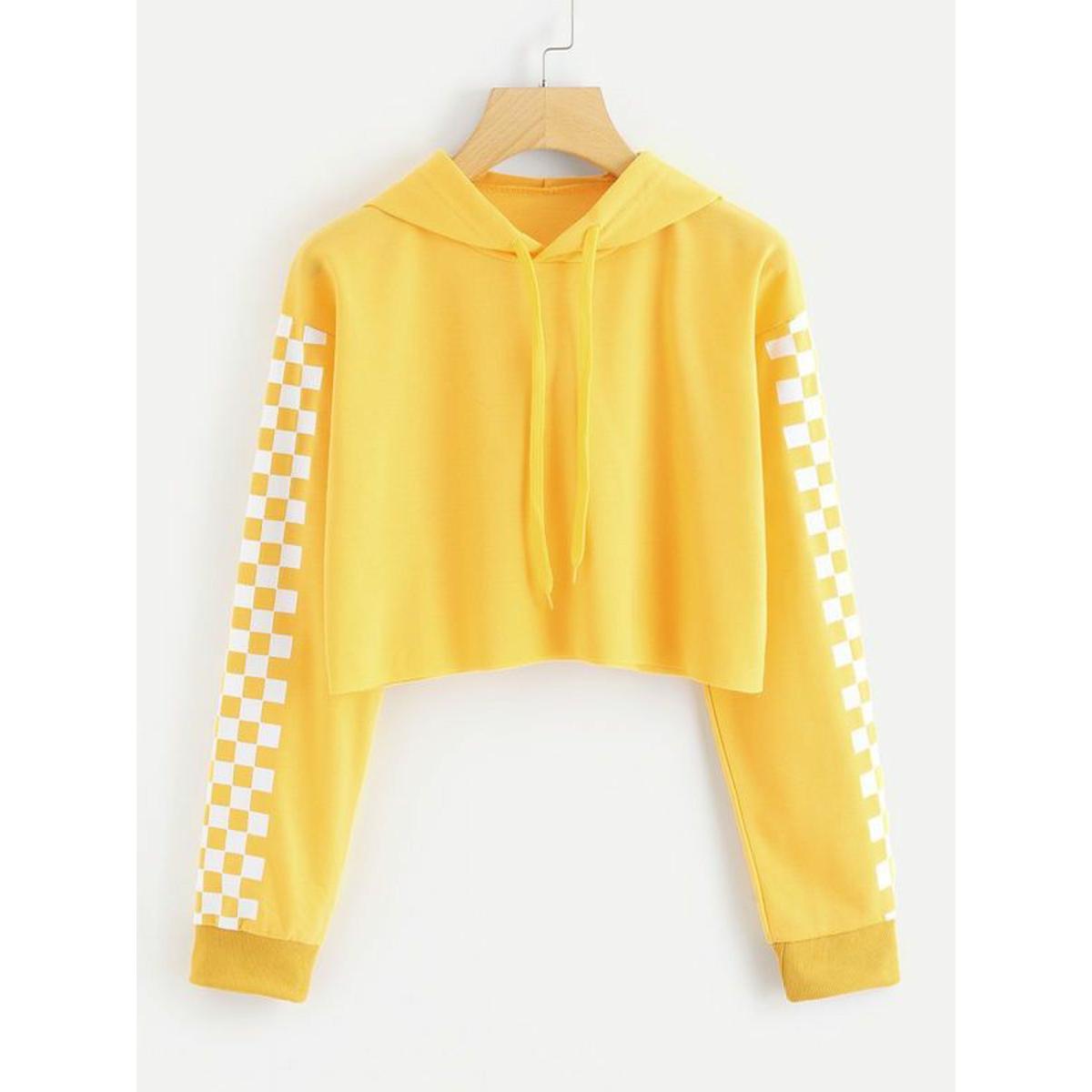 Yellow Checkered Fleece Full Sleeves Cropped Hoodie For Women