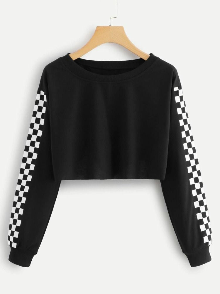 Black Checkered Fleece Full Sleeves Cropped Sweat Shirt For Women