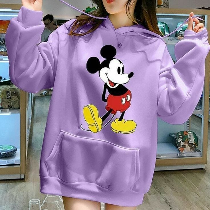 Purple Mickey Mouse Printed Fleece Full Sleeves Pull Over Hoodie For Women