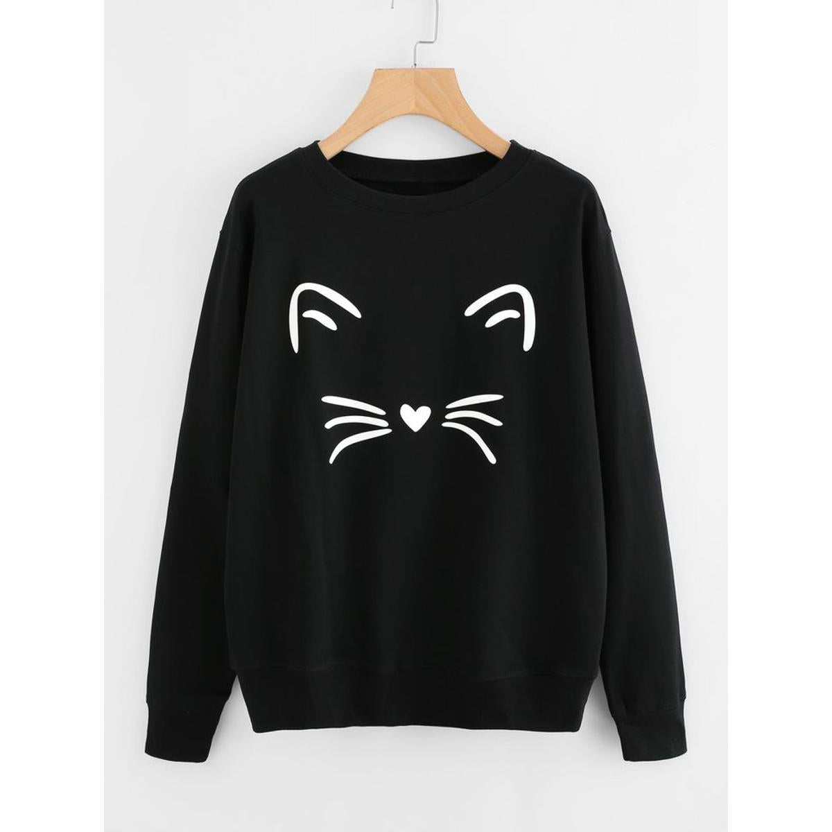 Cat  Printed Fleece Full Sleeves Pull Over Sweatshirt For Women