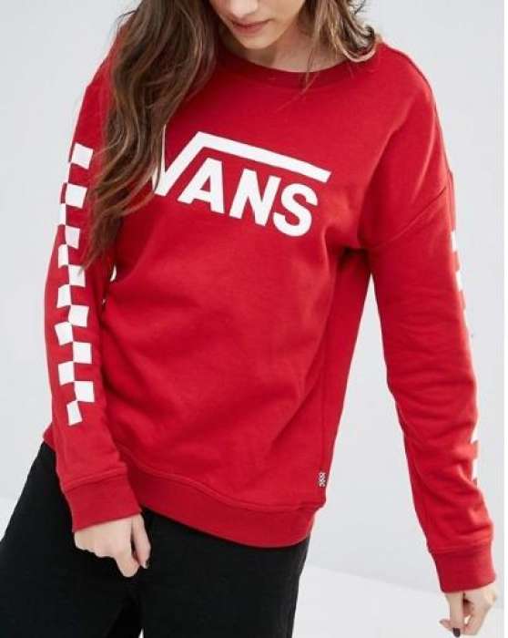 Vans Red Logo Crew Neck Sweatshirt With Checkerboard Sleeve - AceCart Warm Hooded Sweatshirt in Red