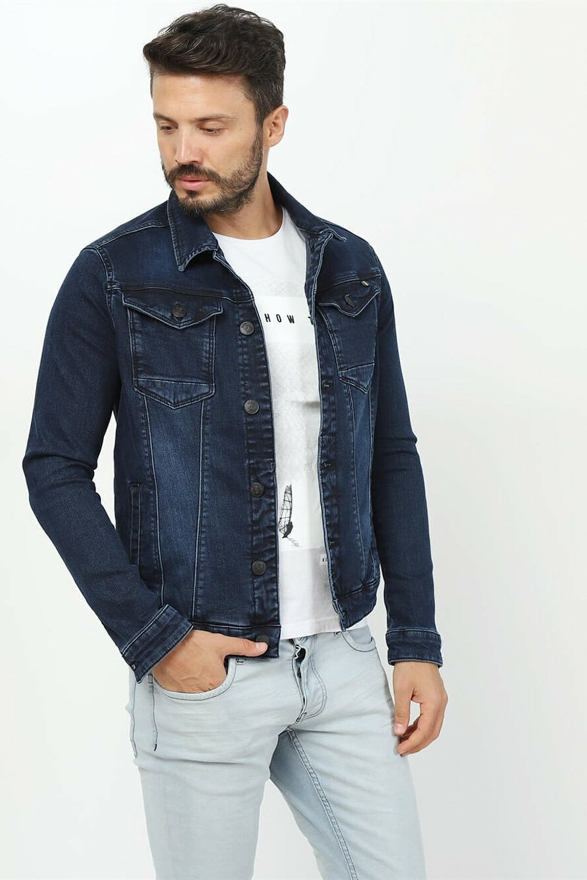 Ace Mens Denim Jacket Stretchable Fine Lycra L Blue