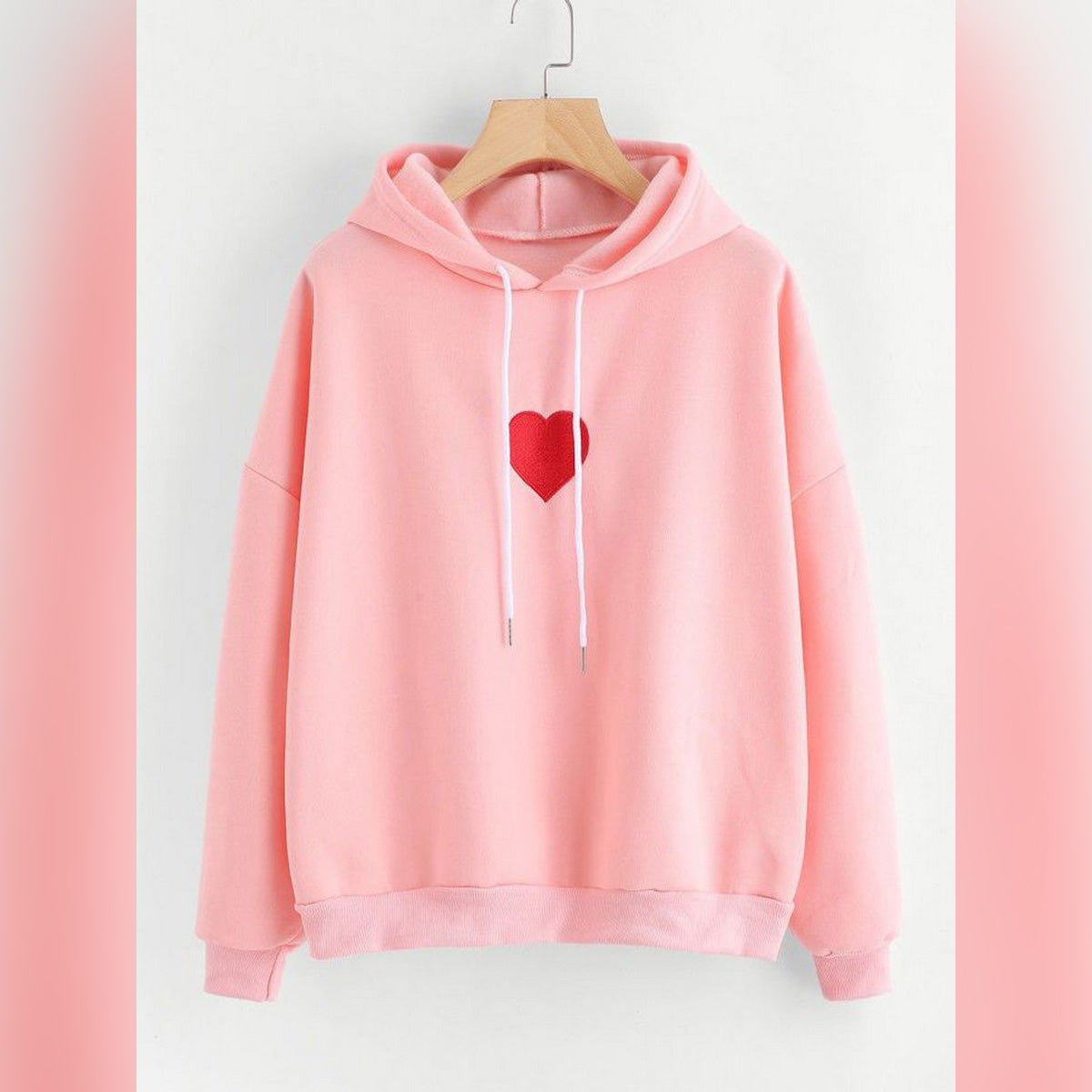 Pink HeartPrinted Fleece Full Sleeves Pull Over Hoodie For Women