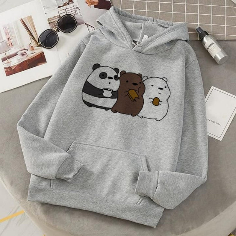 Grey Bare Bears Printed Fleece Full Sleeves Pull Over Hoodie For Women