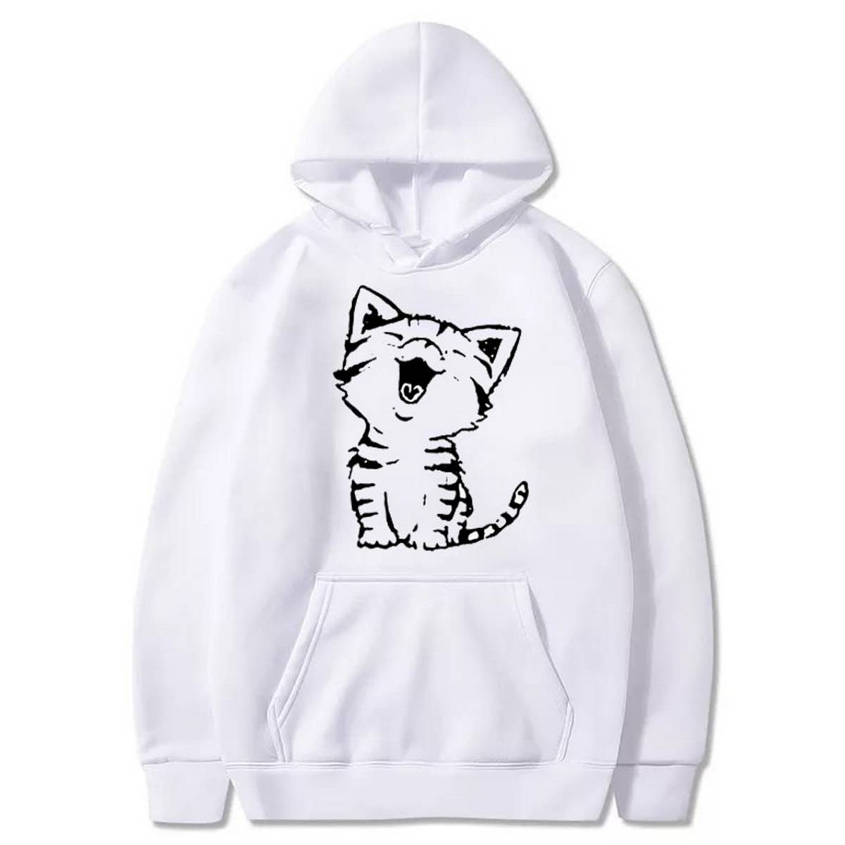 Fluffy Cat Printed Fleece Full Sleeves Pull Over Hoodie For Women