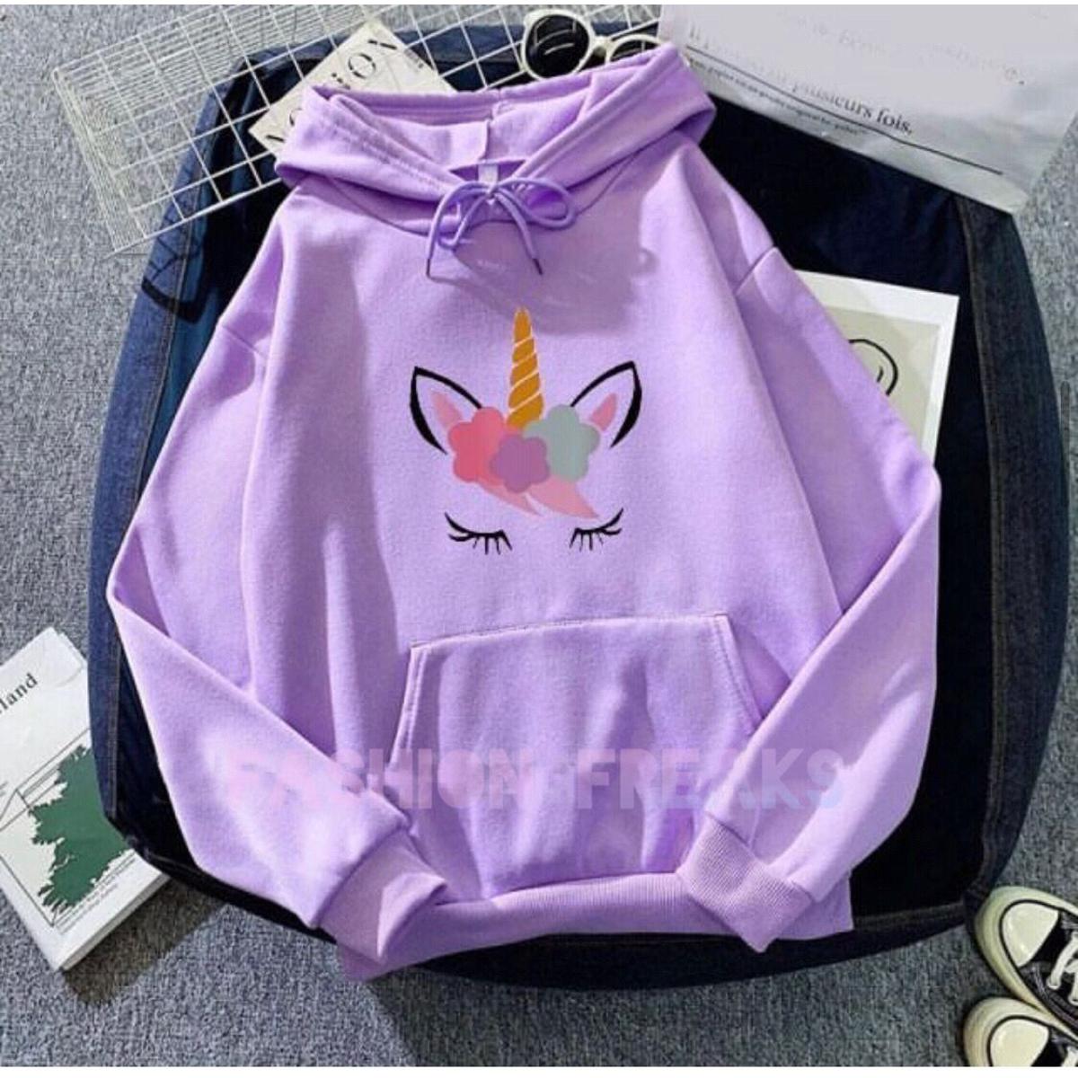 Light Purple Unicorn Printed Fleece Full Sleeves Pull Over Hoodie For Women