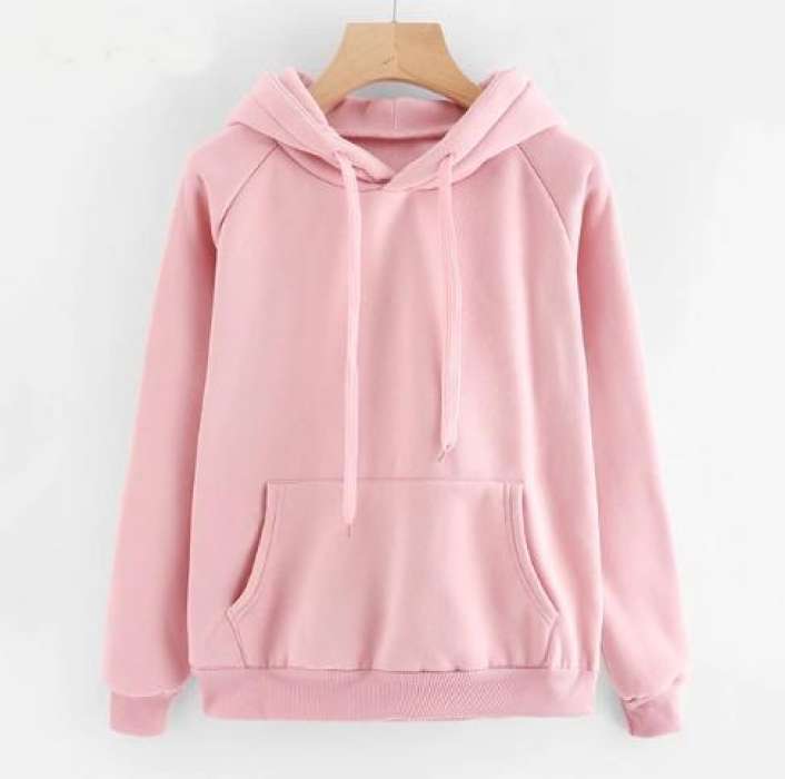 Pink Plain Sweatshirt Kangaroo Pocket Drawstring Hoodie Pullovers Clothing Long Sleeves Winter Wear Top Quality For Women - AceCart Warm Hooded Sweatshirt in Pink