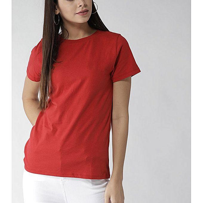 Red Cotton Basic Round Neck Half Sleeves Tshirt For Women - Front View - AceCart