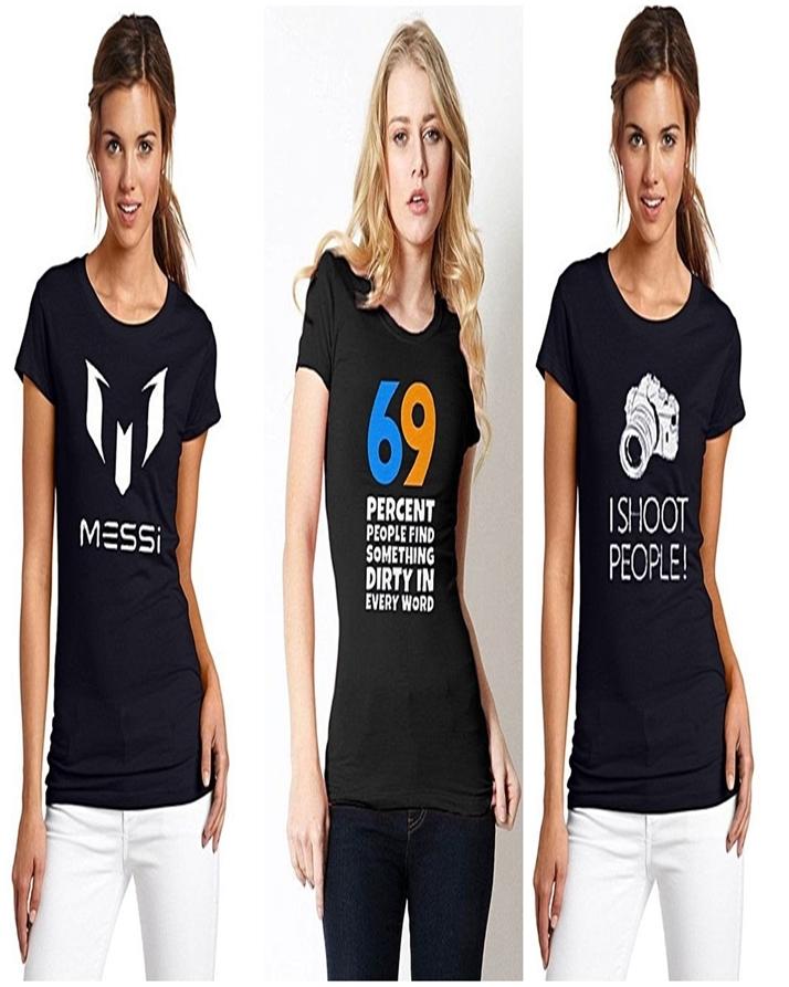 Pack Of 3 - Black Cotton Printed T-shirt For Women - Front View - AceCart