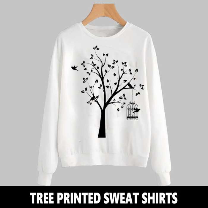 WHITE TREE PRINTED SWEAT SHIRT - AceCart Warm Hooded Sweatshirt in White