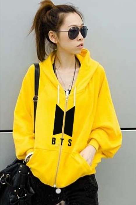 Yellow Fleece BTS Zipper Hoodies For Women 235 - AceCart Warm Hooded Sweatshirt in Yellow