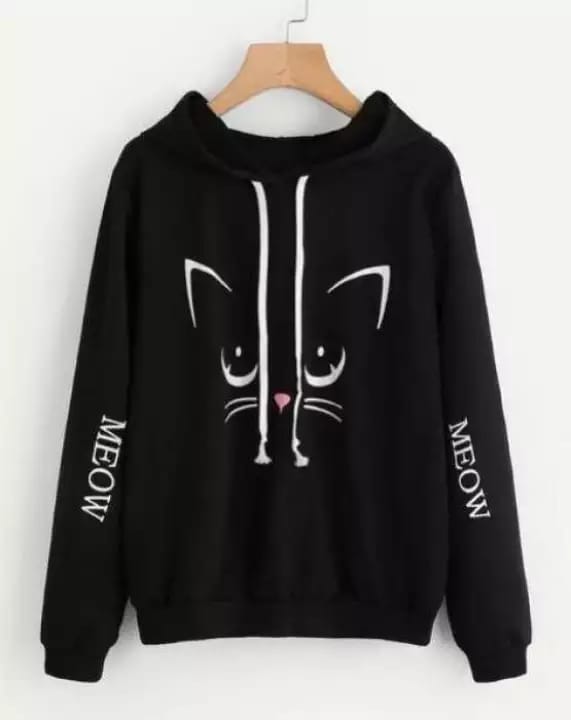 Black Meow Fleece Full Sleeves Pull Over Hoodie For Women