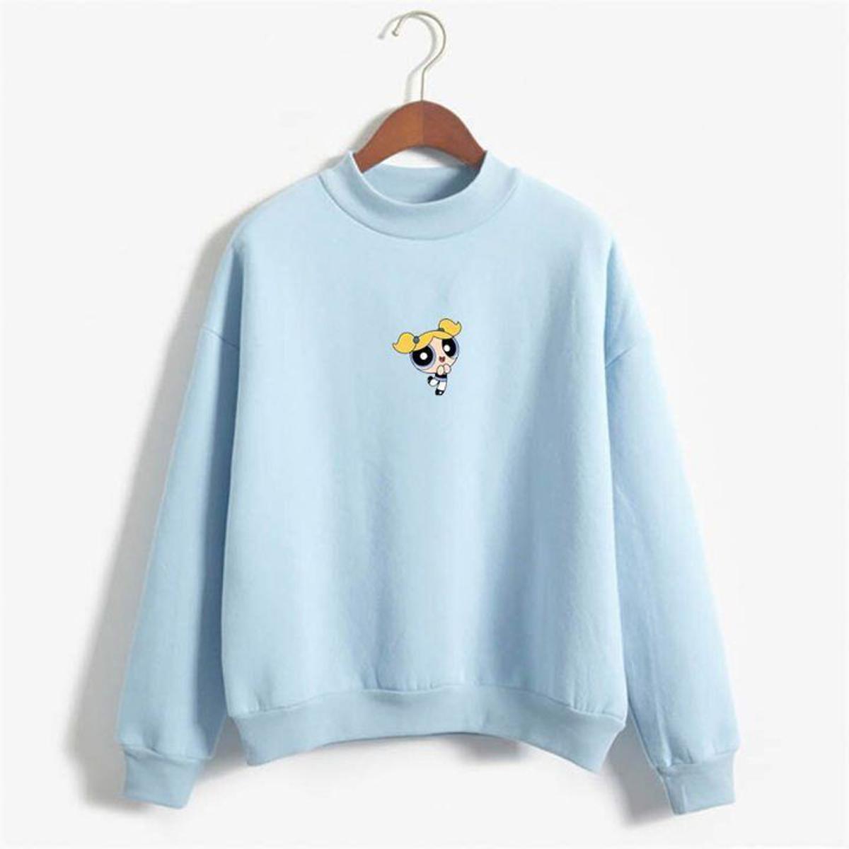 Blue Power Puff Girls Printed Fleece Full Sleeves Pull Over Sweatshirt For Women